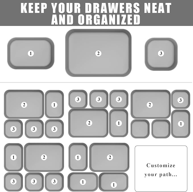Plastic Drawer Organizers, 10 PCS Drawer Organizer Bins, Bathroom and Vanity Organizer Plastic Tray, Makeup Organizer and Storage for Makeup, Bedroom, Kitchen Gadgets Utensils and Office (Gray) - Image 3