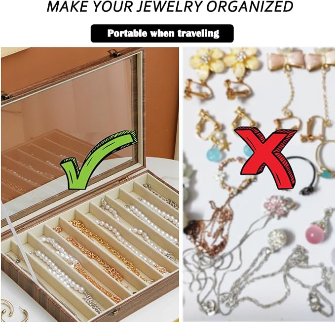 Glass Lid Necklace Organizer Box Transparent Necklace Holder Organizer Velvet Necklace Display Box Clear Lid Jewelry Storage Stackable Necklace Display Case for Women Girls (Style C) - Image 2