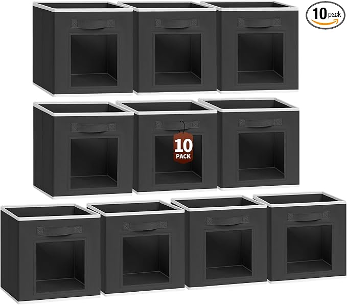 Homsorout Foldable Storage Cubes - Cubby Storage Organizer with Window, Decorative Baskets for Organizing, 11 Inch Fabric Cube Shelf Bins, Set of 10, Black by Homsorout