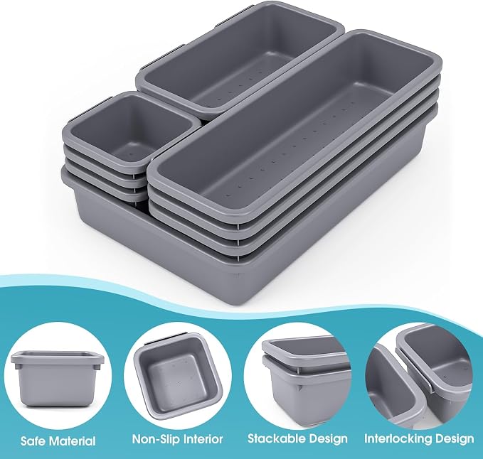 10 PCS Drawer Organizer Set, 4 Size Makeup Drawer Divider Organizer With Non-Slip Pads, Interlocking Plastic Storage Bins for Office,Jewelry Vanity,Gadgets, Bathroom,Kitchen, Grey - Image 3