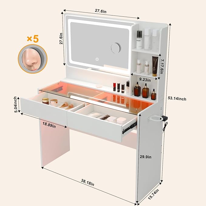 Vanity Desk,Makeup Vanity Desk with Mirror and Lights,Transparent Top with LED Multiple Color Lights,Mirror 3 Color Modes 2 Drawers,Power Outlet,Dressing Table for Girls Bedroom,White