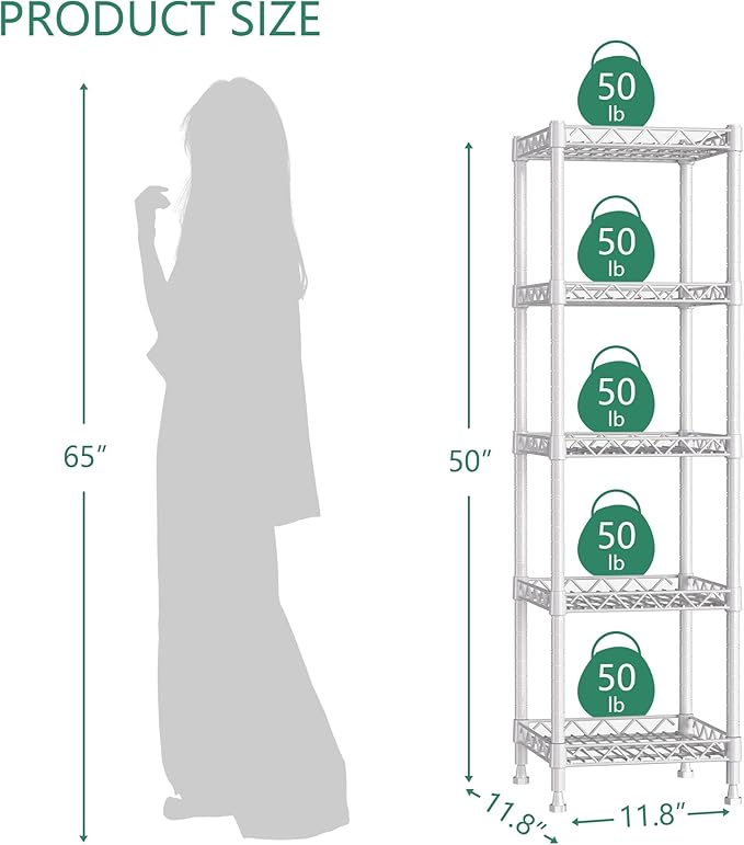 GIOTORENT 5 Tier Standing Shelving Metal Units, Adjustable Height Wire Shelf Display Rack for Laundry Bathroom Kitchen 11.8 W x 11.8 D x 50 H (5-Tier, White) - Image 7