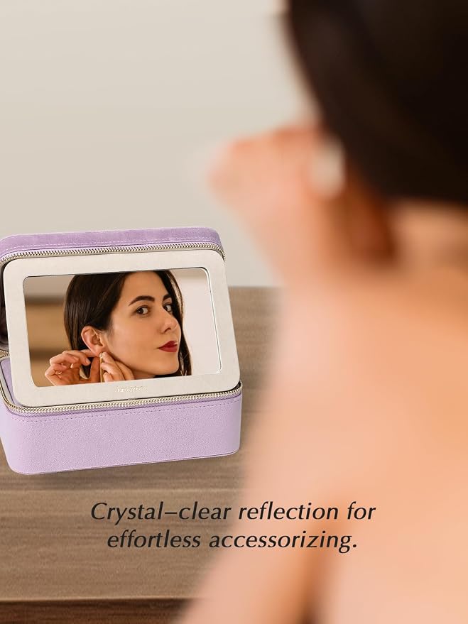 Velvet Travel Jewelry Box with Large Mirror, Double-Layer Jewelry Organizer Case for Women and Girls, Portable Storage Case with 6 Anti-Tarnish Bags Gift Ready for Her (Lavender) - Image 7
