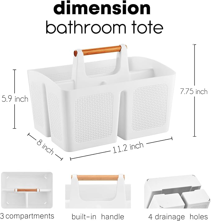 ALINK Portable Shower Caddy Basket with Compartments, Plastic Divided Cleaning Caddy Organizer Storage Tote with Handle for Bathroom, College, Dorm Room Essentials, White - Image 2