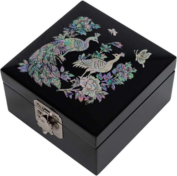 February Mountain Mother of Pearl Mini Jewelry Box - Organizer for Earring Necklace Ring & Bracelet Jewelry Display Storage Case for Woman Unique Gifts (Peacock-Black) - Image 4