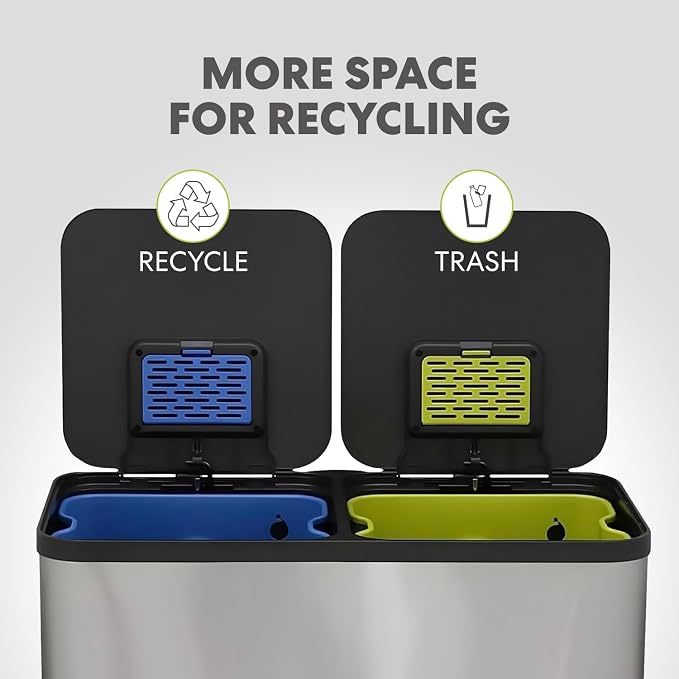 SIMPLI-Magic 21 Gallon (80L) Dual Compartment Kitchen Trash Can - Hands-Free Step Pedal, Soft-Close Lid, Stainless Steel Recycling Bin with Odor Filter (40L + 40L) - Image 5