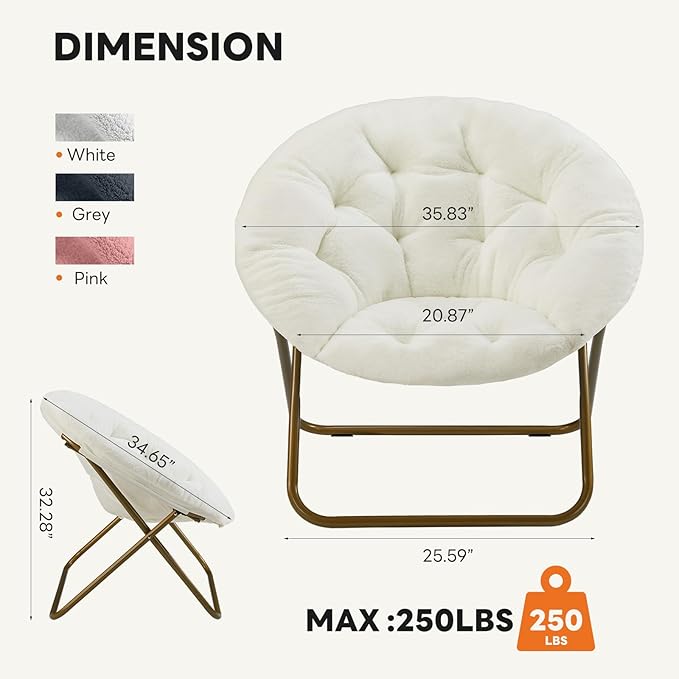 Sweetcrispy Saucer Chairs, Comfy Folding Cozy Faux Fur Living Room Reading Lounge Chair with Soft Thick Padded Seat & Metal Frame Modern Style Bedroom Home Dorm for Kids Adults, X-Large - Cream