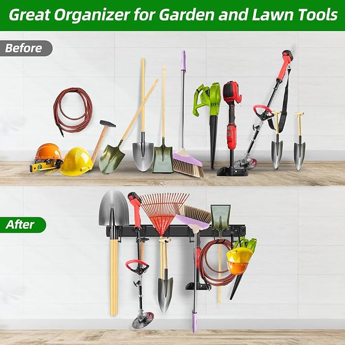 PIYILO Garage Tool Organizer Wall Mount with 48 inches Rails and 6 Double-layer Hooks, Garden Tool Rack Heavy Duty, Garage Hanging Storage Rack For Yard Tools, Shovel, Shed - Image 7