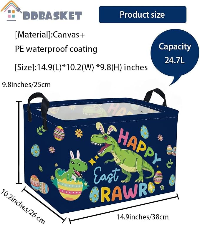 Rectangle Easter Dinosaur Baskets Kids Baskets Cute Storage Bin Organizer Box for Room Decor Gift Basket(Easter dinosaur) - Image 2