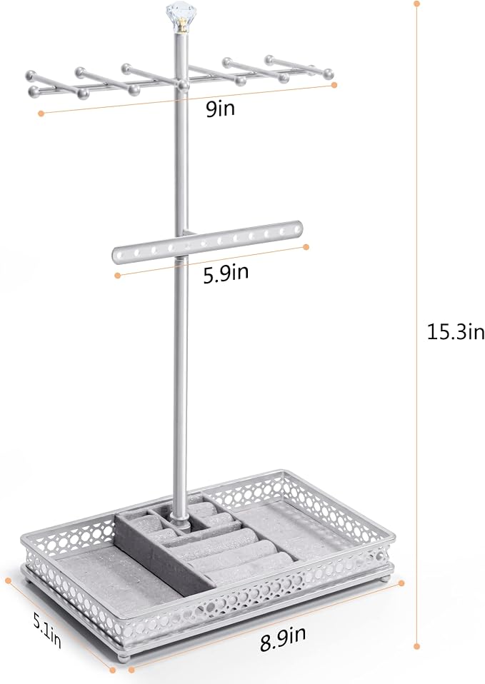 Meangood Jewelry Organizer Stand, 15.6" H Jewelry Tree Display Holder Stand for Bracelets Necklaces Earrings Rings, Gift for Women Girls (Silver) - Image 7
