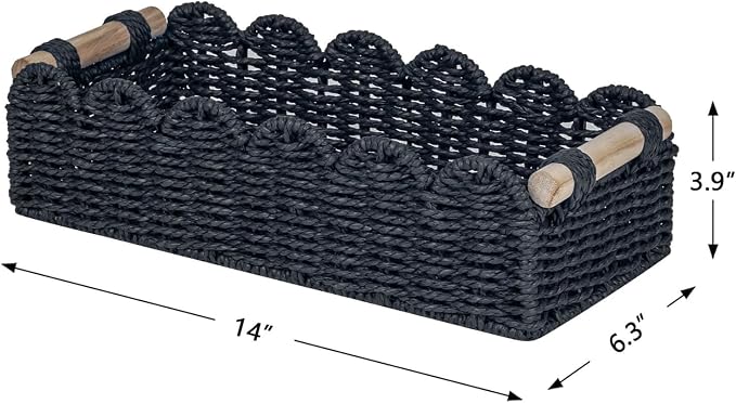 CubesLand Toilet Paper Storage Basket Scalloped Edge Home Decor Basket, Living Room Cozy Decor, Paper Rope Small Baskets for Over Toilet Storage Shelf, End Table, Shelves, with 2 Wooden Handles, Black - Image 3