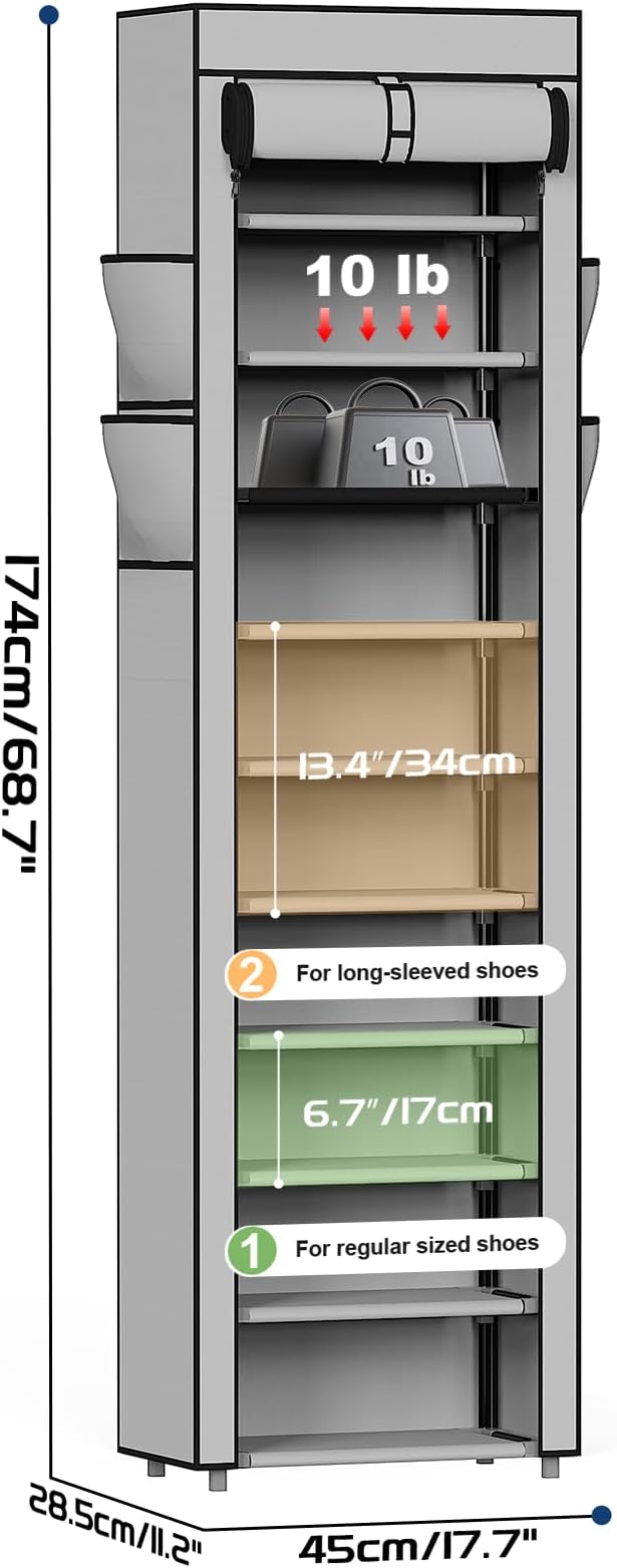 Mavivegue Shoe Rack with Cover, 10 Tier Tall Shoe Organizer for 18-22 Pairs of Shoes, Shoe Storage Organizer for Entryway, Closet, Garage, Grey, S - Image 3