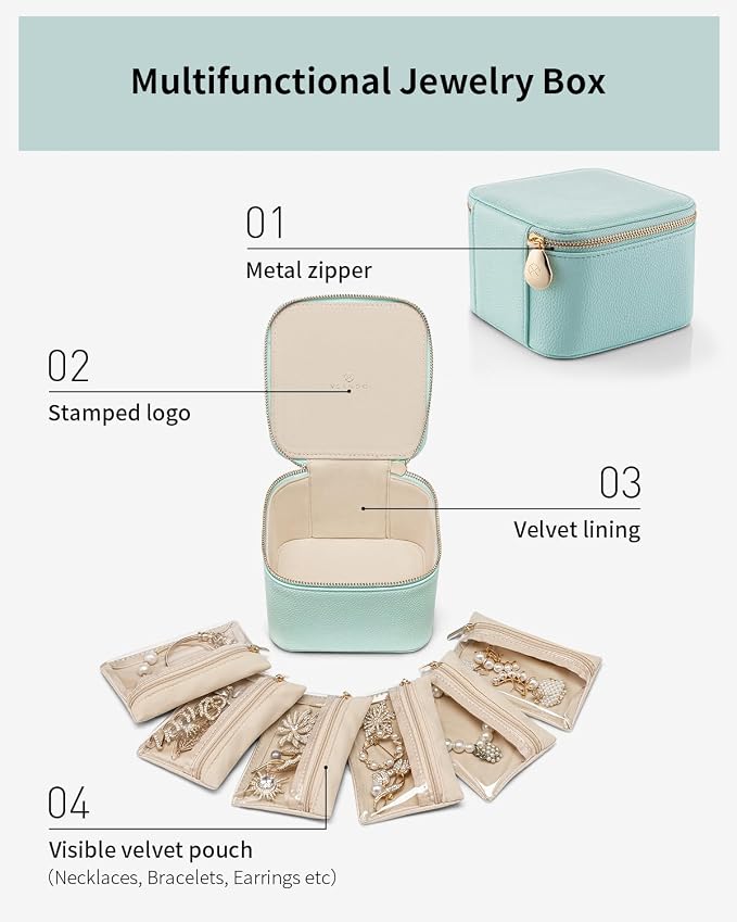 VLANDO Travel Jewelry Box,Jewelry Travel Case with 6 Velvet Jewelry Zipper Pockets Travel Jewelry Organizer for Ring Bracelet Christmas Wedding Birthday Gifts for Wife Daughter Lake Blue - Image 4