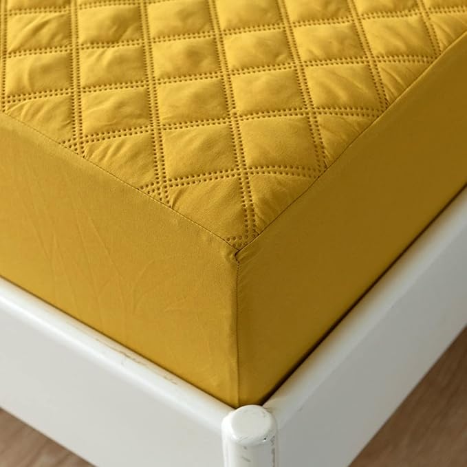 jejeloiu Yellow Quilted Mattress Pad, 100% Waterproof Breathable Queen Bedding Fitted Sheet Mattress Protector 14" Deep Pocket Cotton Snow Down Alternative Filling Mattress Cover (Queen,Yellow)