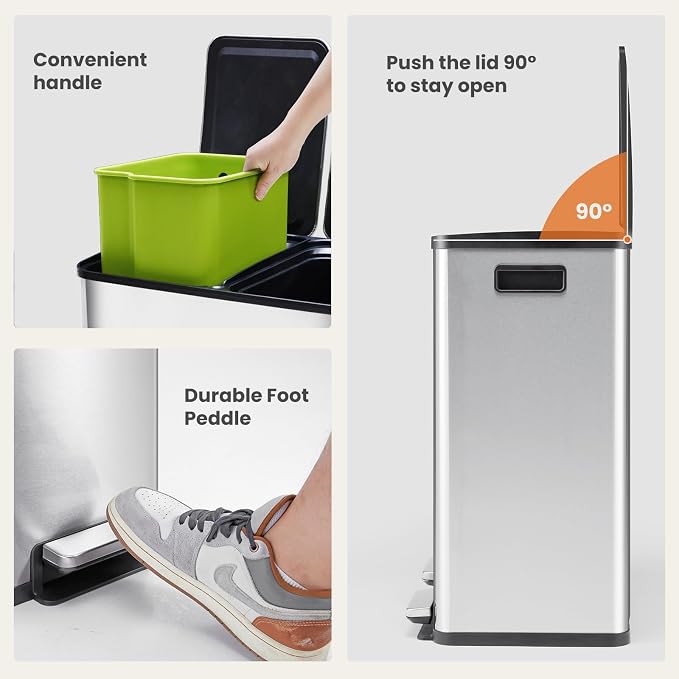 DUMOS Kitchen Trash Can, 2×8-Gallon Garbage Can with Lid, Stainless Steel Trash Bin with 2 Removable Inner Buckets, Soft-Close Foot Pedal, Fingerprint-Resistant for Kitchen Home Office - Image 5