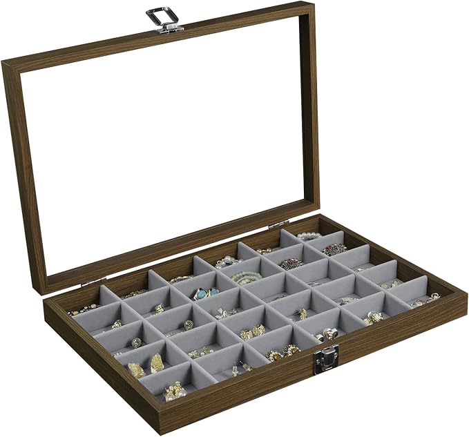 Stratalife Wood Jewelry Organizer 30 Grid Earring Tray Jewelry Holder Ring Box Earring Holder Organizer with Clear Lid Ring Storage for Women Vintage Style by Stratalife