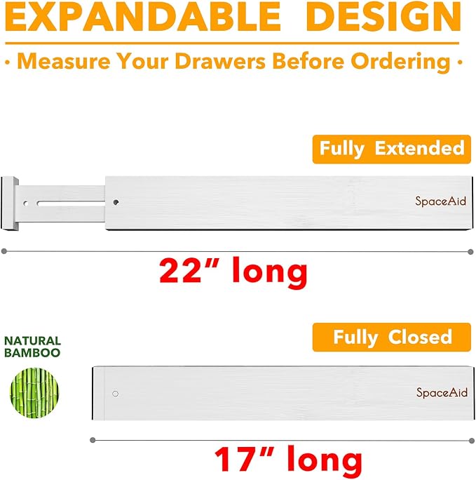 SpaceAid 4 Pack Bamboo Drawer Dividers with Labels, Kitchen Adjustable Drawer Organizers, Expandable Organization for Home Clothes Dressers (17-22 in, White) - Image 3