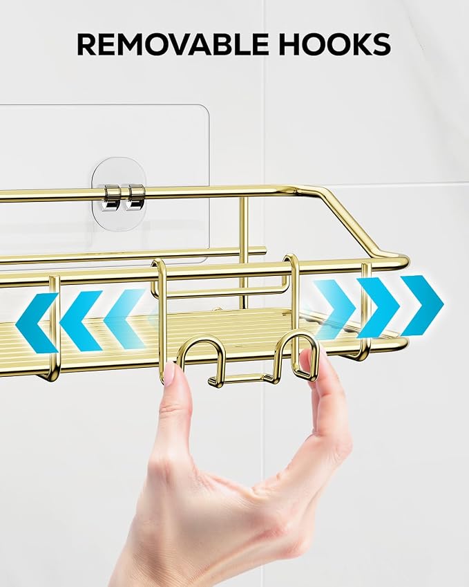Nieifi Shower Caddy Shelf Storage Rack Adhesive Without Drilling Stainless Steel with Hooks for Washroom, Lavatory, Restroom, Toilet, Bathroom, Kitchen - 2 Pack, Golden - Image 7