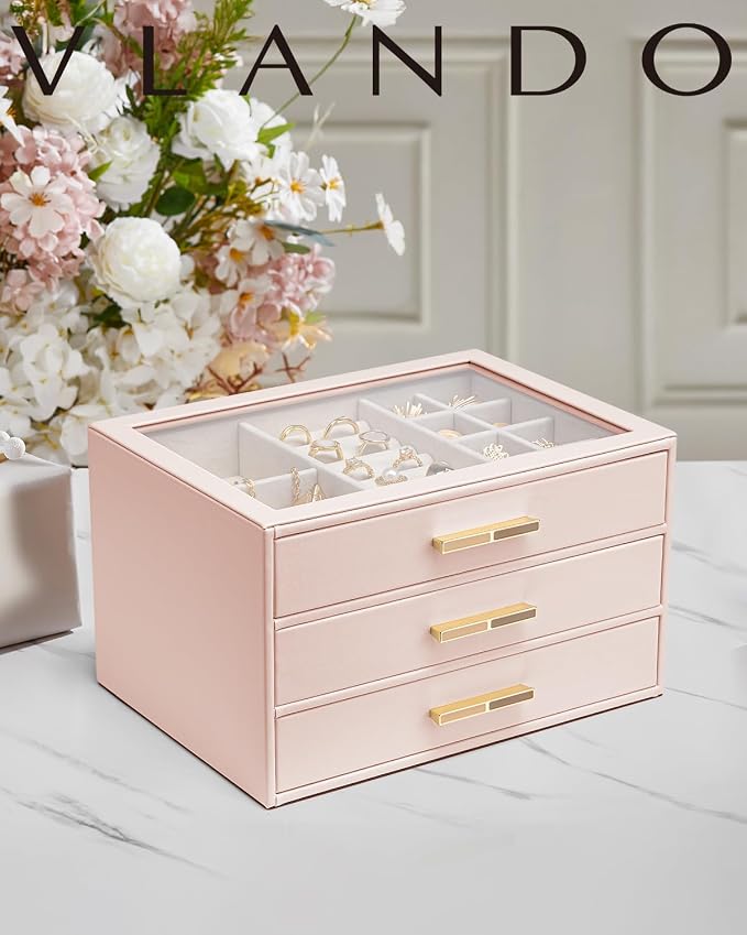 VLANDO Jewelry Box for Women, Glass Lid Jewelry Organizer with 3 Drawers for Necklaces Rings Earrings Bracelets Mother Day Gift for Mom - Dark Pink - Image 2