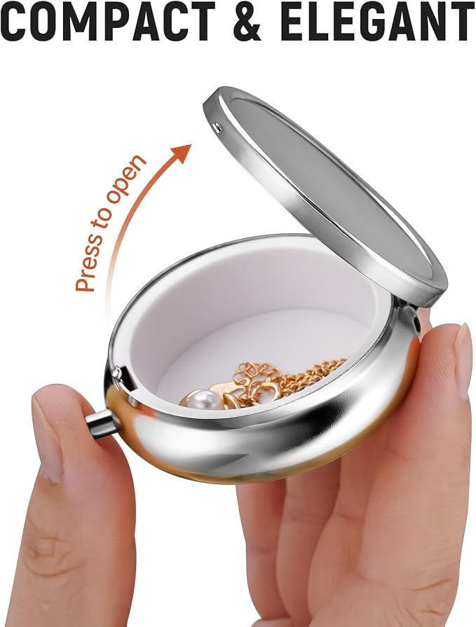 Mini Travel Jewelry Box with Built-In Mirror, Ultra-Portable Jewelry Holder for Rings, Necklaces, Earrings, Pills, Tea Bags, Small Accessories, Press-to-Open Multifunctional Storage (Silver) - Image 3