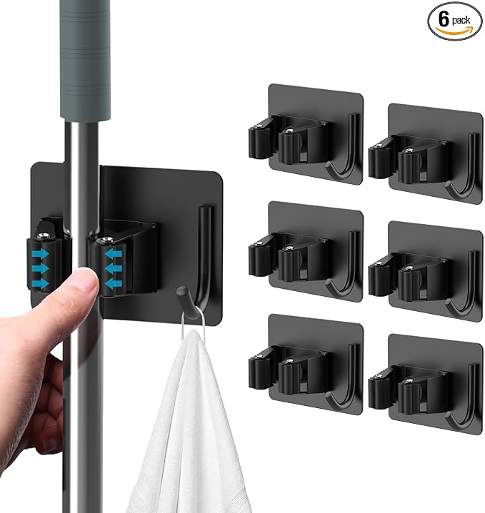 homeasy Mop Broom Holder No Drill, Mop Broom Organizer Wall Mounted Heavy Duty with Hooks Hanger, Self Adhesive Stainless Steel 6Pcs for Bathroom, Kitchen, Office (Black) by HOMEASY