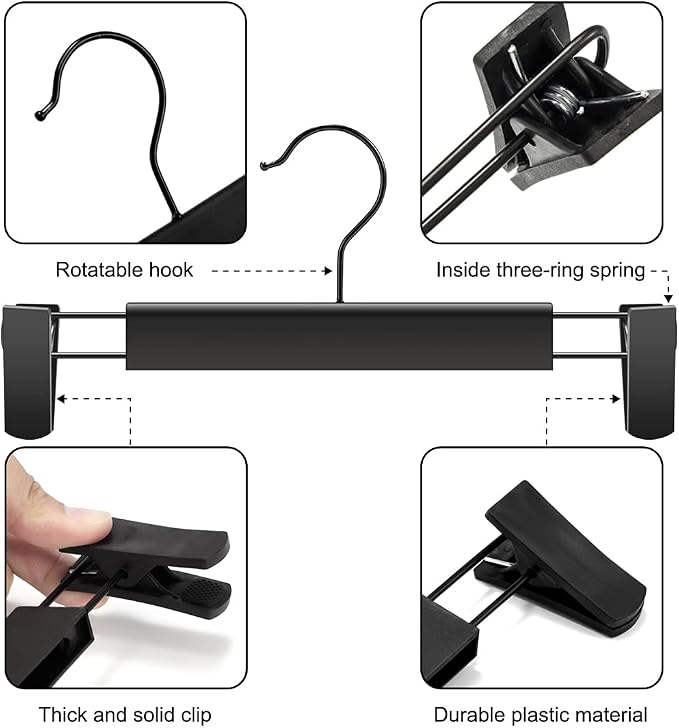 GUANJUNE 10 Pack Clothes Pants Hangers, Space-Saving Skirt Holders with 360 ° Swivel Hooks, Adjustable Clips, Trouser Coat Garment Jeans Black - Image 2