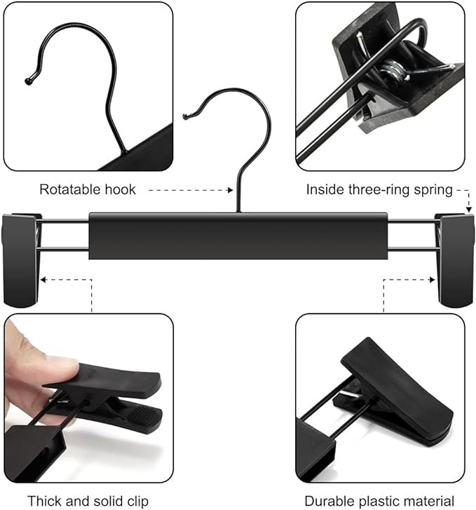 GUANJUNE Clothes Pants Hangers, Space-Saving Skirt Holders with 360 ° Swivel Hooks, Adjustable Clips, Trouser Hangers, Clothes Coat Garment Jeans Hangers (30 Pack, Black) - Image 2