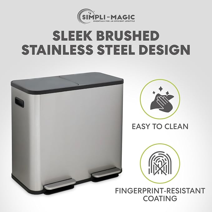 SIMPLI-Magic 21 Gallon (80L) Dual Compartment Kitchen Trash Can - Hands-Free Step Pedal, Soft-Close Lid, Stainless Steel Recycling Bin with Odor Filter (40L + 40L) - Image 8