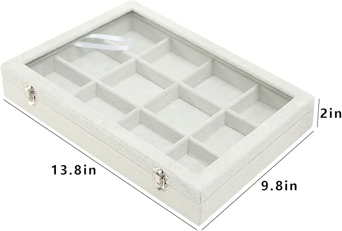 Coward Jewelry Organizer Tray Box, Grey Beige Velvet 12 Grids Bracelet Bangle Necklace Jewelry Display Tray Case with Transparent Glass Lid for Home Desk Drawer or Store Selling Show - Image 2