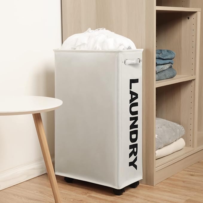 DOKEHOM 29-Inches Enlarged Slim Laundry Basket with Removable Wash Bag on Wheels, Collapsible Rolling Laundry Hamper, Foldable Narrow Corner Clothes Storage Bins (Beige) - Image 8