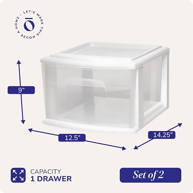 HOMZ 2-Pack 1-Drawer Storage Cart, Clear Plastic Container, 14.25" Wide Medium, White Frame - Organizing Drawer Containers for Home, Bathroom, Bedroom, Office, and Classroom - Image 3