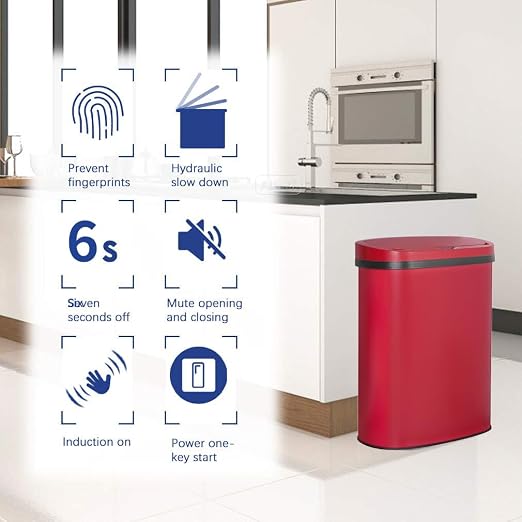 Kitchen Trash Can Bathroom Bedroom Office Garbage Can with Lid Automatic Touch Free Waste Bin Stainless Steel 13 Gallon / 50L,Red - Image 3