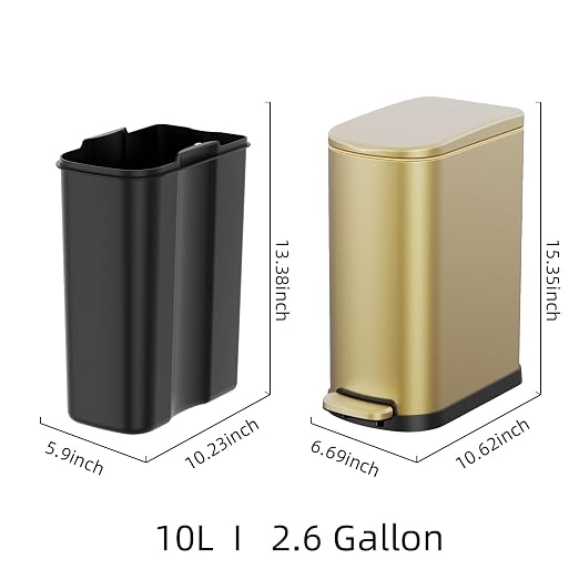 KSSKSS 2.6 Gallon Slim Bathroom Trash Can with Soft Close Foot Pedal, 10L Stainless Steel Garbage Can with Removable Liner Bucket, for Narrow Spaces, Bedroom, Gold - Image 5