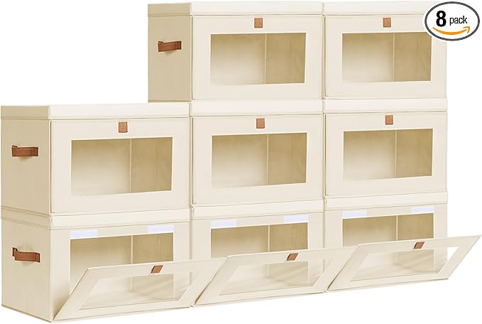 Homsorout Large Closet Storage Bins - Collapsible Clothing Organizer with Handles & Window, Decorative Bin with Lids, Linen Closet Organizers for Living Room, Dorm, 8 Pack, Beige by Homsorout