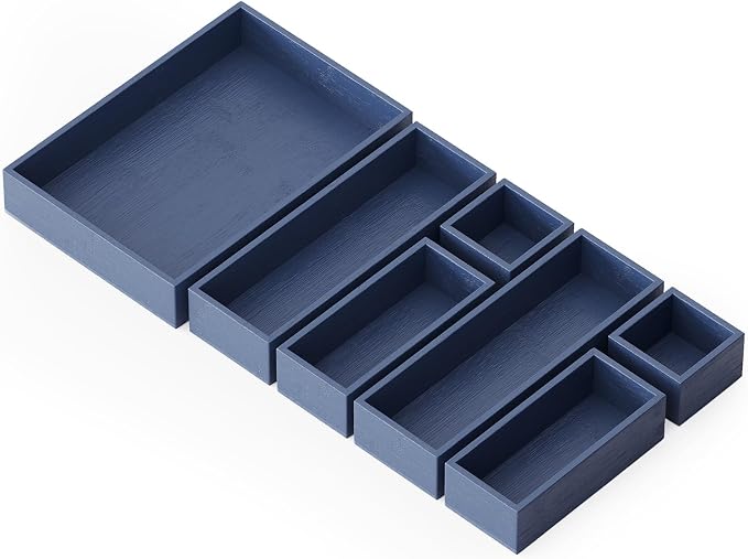 SpaceAid 7-Piece Bamboo Drawer Organizer Storage Boxes Set, Wood Tray Junk Drawer Organizers Multi-Use Divider Bins for Kitchen, Bathroom, Office Desk and Makeup Organization (7 Pack, Navy Blue) by SpaceAid