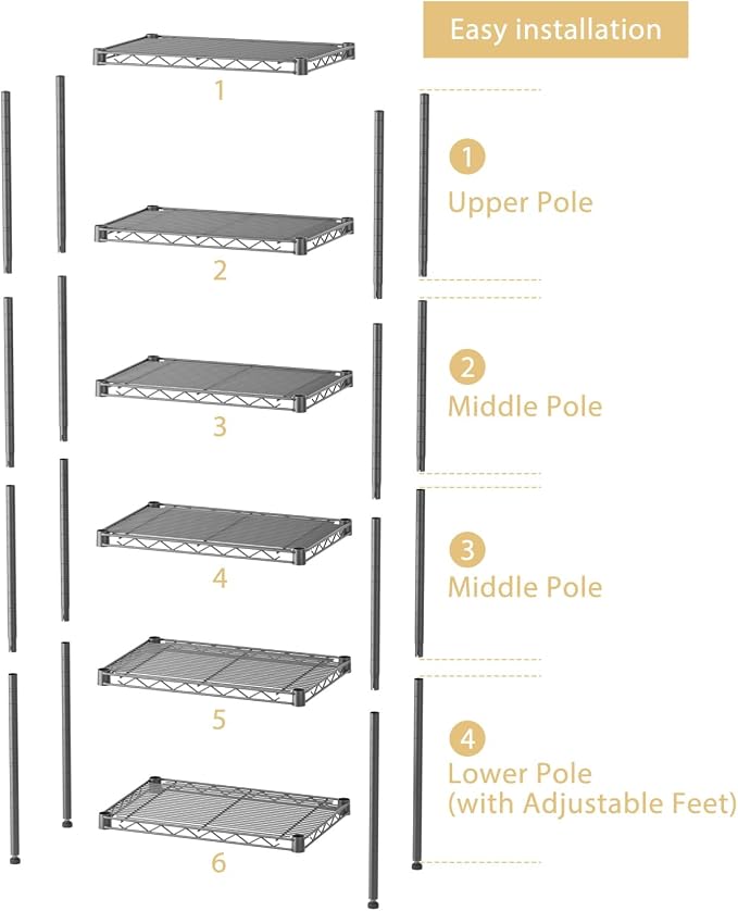SINGAYE 6 Shelves Bathroom Organizers and Storage Shelf Wire Closet Metal Pantry Kitchen Small Garage Shelving Unit Laundry Room Organization Home Tall Rack Balck 10" D x 16" W x 60”H - Image 4