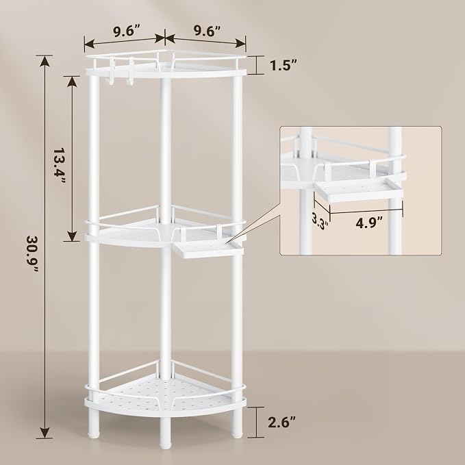ELYKEN Corner Shower Caddy Standing, 3 Tier Rustproof Metal Shower Organizer with Soap Holder, Floor Shower Corner Shelf Rack Storage Stands with Adjustable Feet & 2 Hooks for Bathroom, White - Image 2