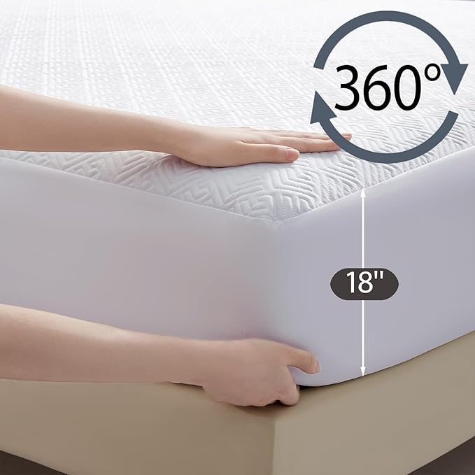 100% TPU Waterproof Mattress Protector Sets with 1 Fitted Sheet & 2 Pillowcases 18 Inches Deep Pocket Breathable Incontinence Pads for Adults Kids Elderly Pets (White, Queen)