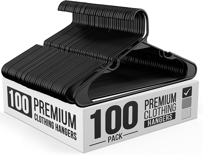 Our Modern Space 100 Pack Adult Plastic Hanger for Shirt Pants Coats Dresses Skirts Suits Jackets - Standard Thick Coat Hanger - Sturdy & Durable Design with Shoulder Grooves Hook - Black by OurModernSpace