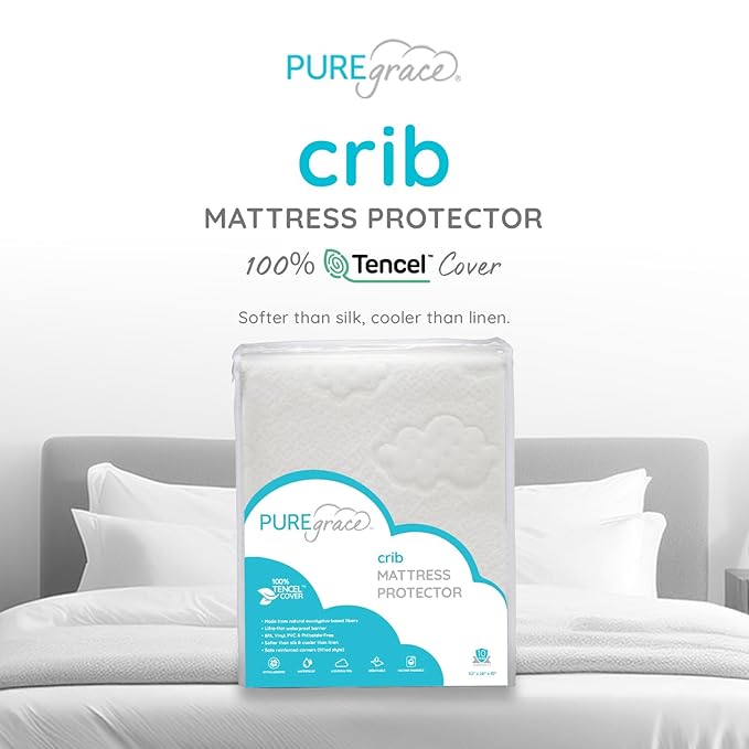 PUREgrace Crib Mattress Protector – Eucalyptus Tencel Fiber Waterproof Breathable Baby Mattress Pad Cover with Corner Safety Straps, Ultra Soft Cooling Durable Sleep Surface for Crib & Toddler Bed