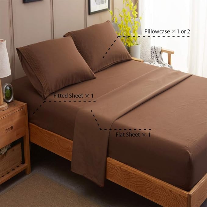 SONORO KATE Bed Sheet Set Super Soft Microfiber 1800 Thread Count Luxury Egyptian Sheets 18-Inch Deep Pocket Wrinkle and Hypoallergenic-3 Piece(Twin XL Brown)