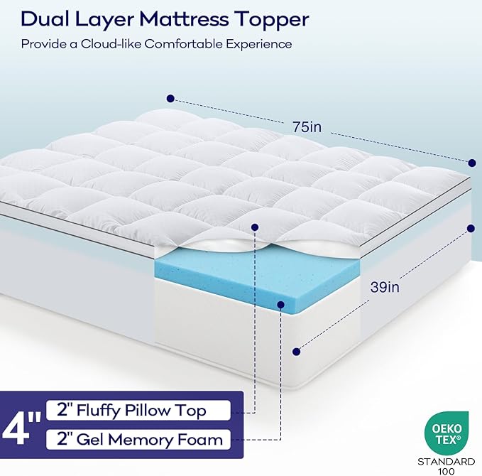 OLANLY Dual-Layer 4 Inch Twin Size Memory Foam Mattress Topper for Back Pain, 2 Inch Cooling Pillow Top Mattress Pad Cover and 2 Inch Gel Memory Foam Topper, Deep Elastic Pocket, White
