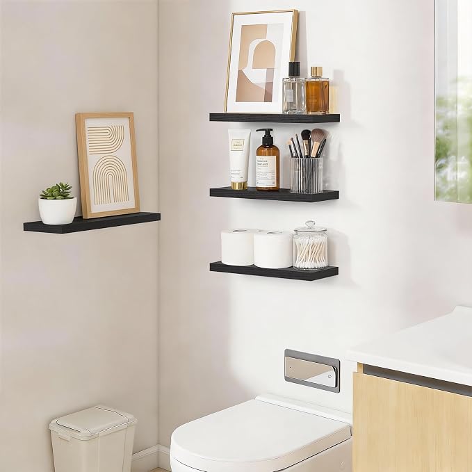BAYKA Floating Shelves for Wall, 15.7in Wall Mounted Rustic Wood Shelves for Bathroom, Bedroom, Living Room, Kitchen, Hanging Shelf for Books/Storage/Room Decor with 22lbs Capacity (Black, Set of 4) - Image 4