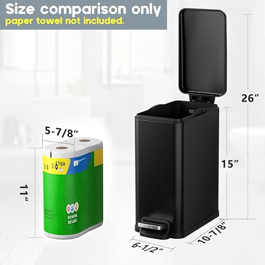 Slim Bathroom Trash Can with Lid Soft Close, 2.6 Gallon Stainless Steel Garbage Can with Removable Inner Bucket, Durable Step Pedal, Small Trash Bins for Toilet, Bedroom, Kitchen, Office - Image 3