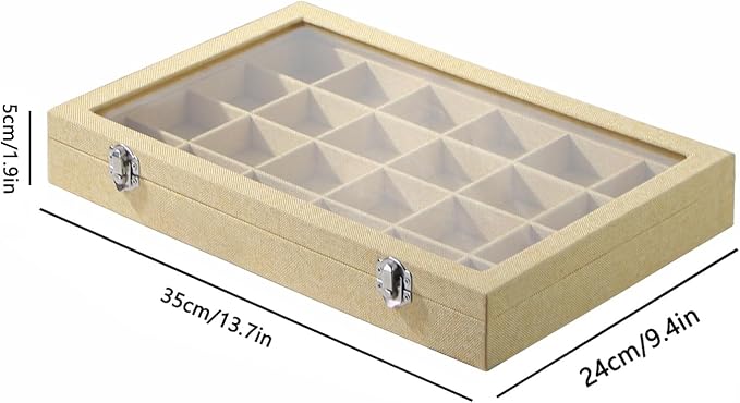 Coward Jewelry Organizer Box, Yellow Linen 24 Grids Ring Earring Jewelry Display Tray Case with Transparent Glass Lid for Home Drawer or Shop Selling - Image 6