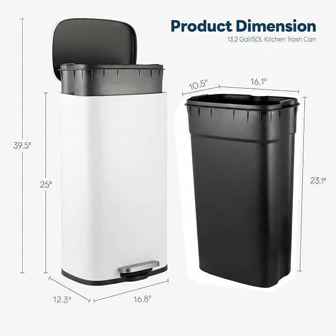 13.2 Gal Kitchen Trash Can, 50L Recycling or Garbage Bin, Brushed Stainless Steel Waste Basket, Soft&Quiet Close Dustbin, with Step-On Pedal, Removable Inner Bucket, for Home, Office, Living Room - Image 2