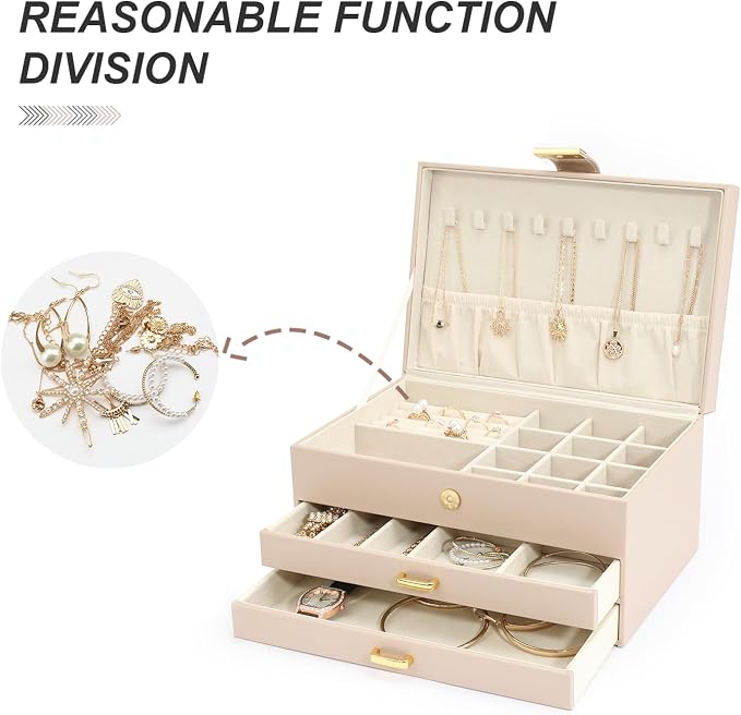 3-Layer Jewelry Box with 2 Drawers, Large Capacity Jewelry Holder Box for Women Girls, Best Gifts for Christmas Valentine's Day New Year.(Apricot) - Image 7
