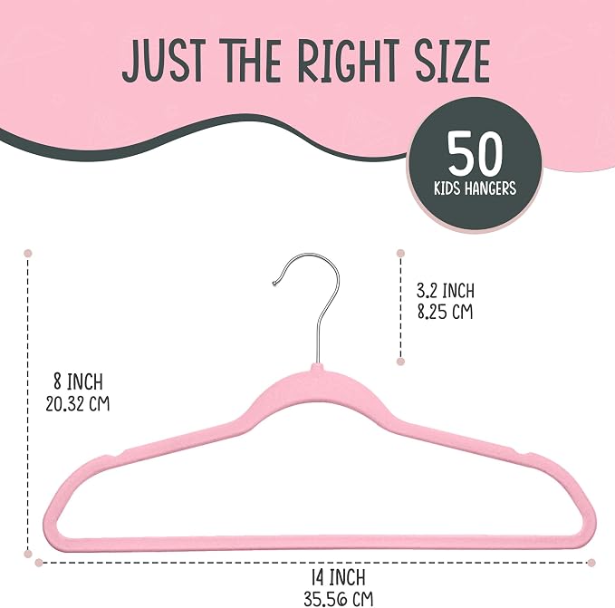 TechZoo 50 Premium Kids Velvet Hangers - 14" Non-Slip Clothes Hangers for Kids & Preteens - Ultra Slim, Space-Saving, Strong & Durable Hangers with 360° Swivel Hook - Pink - Image 2