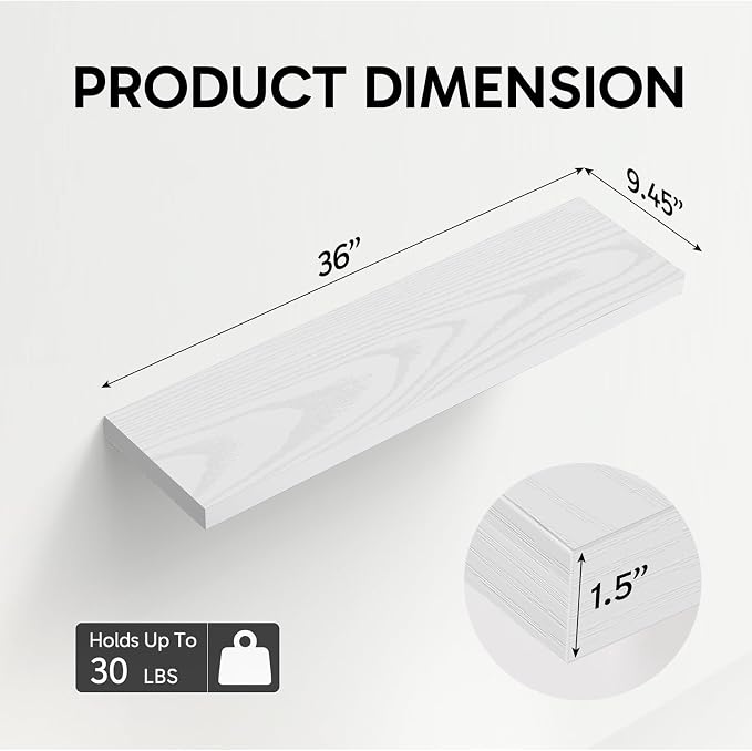 BAYKA Floating Shelves for Wall, 36 inches Long Wall Mounted Rustic Wood Shelves for Bathroom, Bedroom, Living Room, Kitchen, Office, Hanging Shelf for Books/Storage/Decor(White,Set of 2) - Image 3