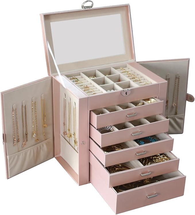 BOOVO Jewelry Box For women, 6 Layer Large Jewelry Organizer With Mirror, Multi-Function Storage Box With Lock, Accessory Holder With 5 Drawers, For Earrings Necklace Ring Bracelet (Rose Gold) by BOOVO